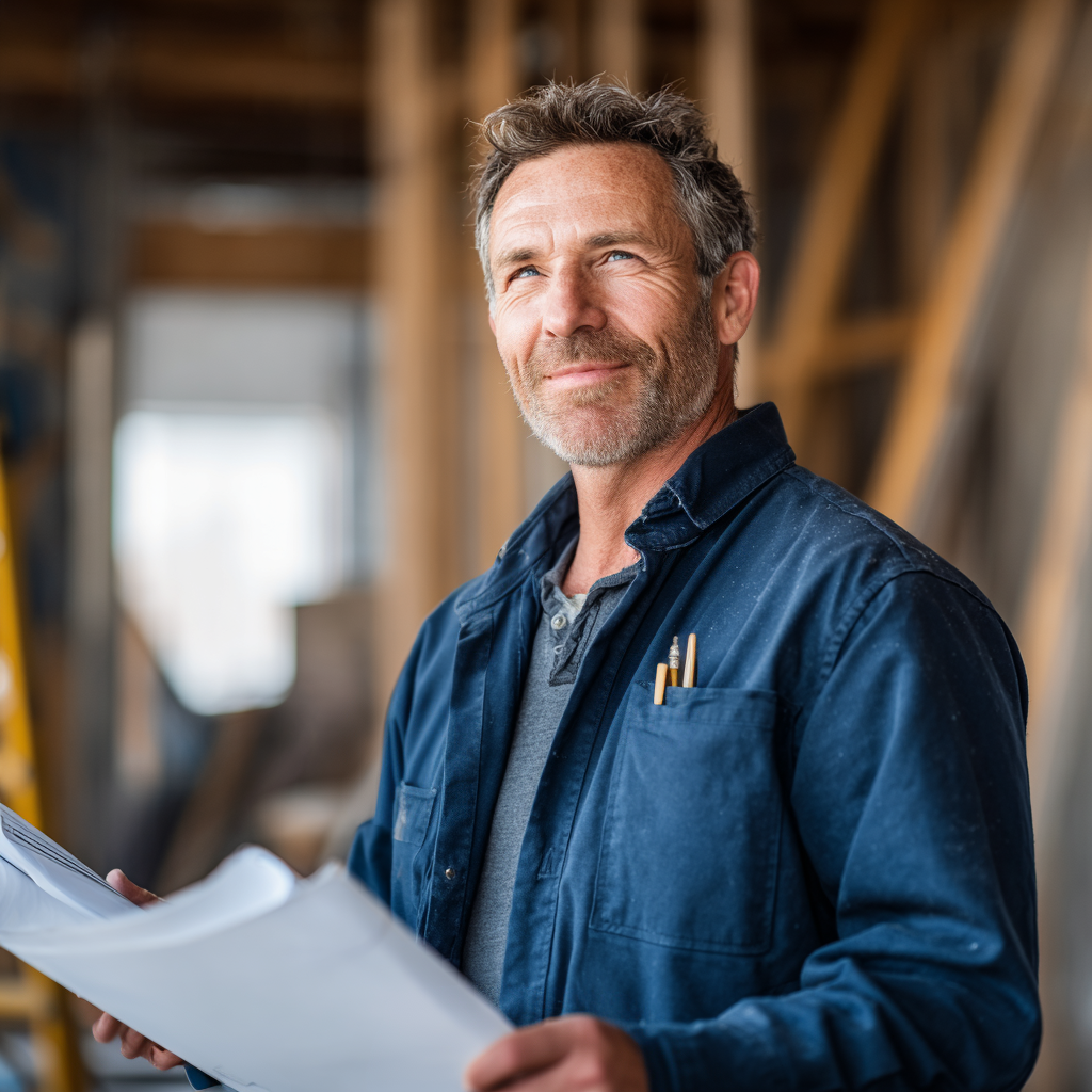 Confident construction firm owner reviewing blueprints